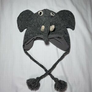 Elephant Beanie Hat 100% Soft Wool Kids Hand Made Nepal Fleece Lined Gray Winter